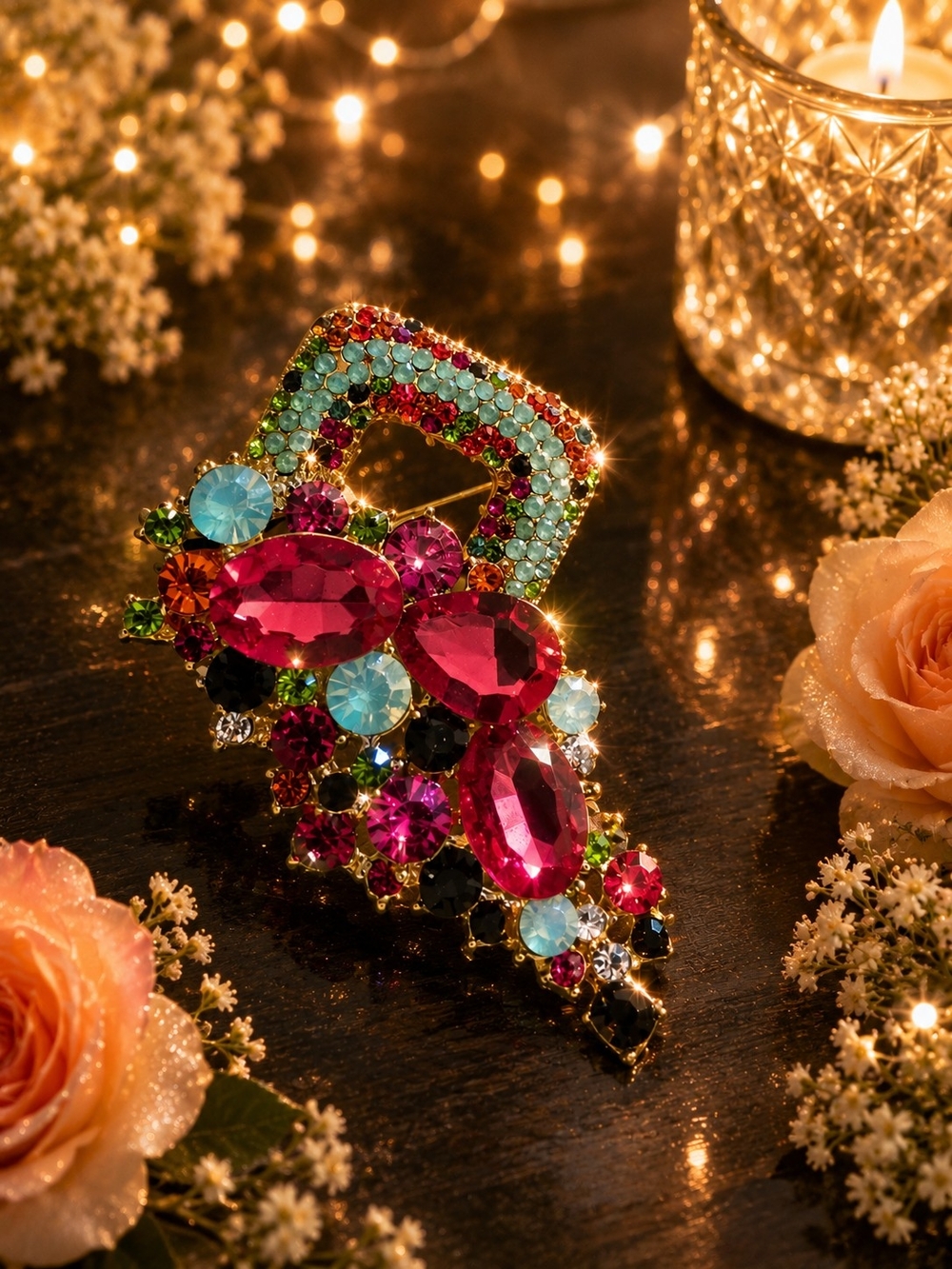 Multicolor Crystal Statement Brooch - Pink and Turquoise Accents